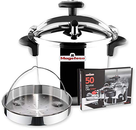 Magefesa Star Recta - Pack Exclusivo Olla Express Tradicional 6 Litros + Cestillo + Libro de Recetas, Acero Inoxidable 18/10, Apta para Inducción