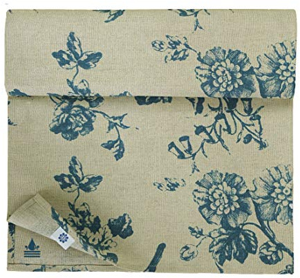Linen & Cotton Tischläufer Fiore mit Blumen Motiv - 59% Leinen, 41% Baumwolle, Beige Blau (34 x 140 cm) Beschichtet Eckig Läufer Stoff Wasserdicht Fleckschutz Pflegeleicht für Garten Outdoor