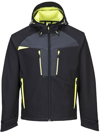 Portwest DX474 DX4 Hooded Softshell Jacket Waterproof Windproof Breathable 4-Way Stretch Work Jacket with Pockets Adjustable Fit for Work and Outdoor, Black, XL