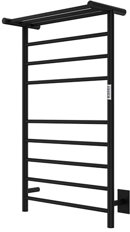 ANZZI Eve Modern 8-Bar Wall Mounted Towel Warmer with Top Shelf in Matt Black, Energy Efficient 93W Electric Plug in Heated Towel Rack, Towel Heater Rail with On/Off Switch, TW-AZ012MBK
