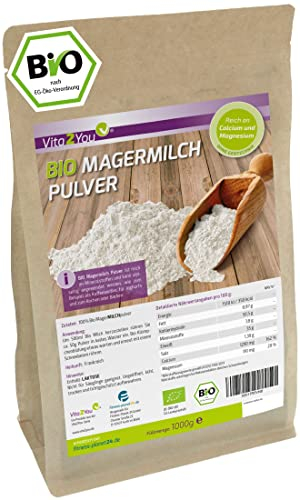 Vita2You Bio Magermilchpulver 1000g - 100% Bio Qualität - zum Backen - Kaffeeweißer - Milchpulver für Joghurts - 1kg - Premium Qualität