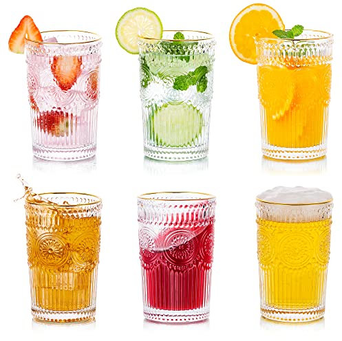 Glasseam Bicchieri da Acqua Bere Bicchieri Vintage Set di Bicchieri Bicchiere Highball Alto per Succhi caffè tè per Feste, Bar (6, Bordo High-Gold)