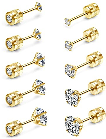 JSDDE 10er Damen Ohrstecker Gold Set Edelstahl Ohrringe beidseitig mit 2-6mm Zirkonia Kristall Stein Elegant schmuck für Damen Frauen