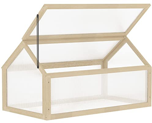 Outsunny Wooden Cold Frame Garden Polycarbonate Greenhouse with Openable Top Cover, Grow House for Flowers, Vegetables, Plants, 90 x 52 x 50cm, Natural