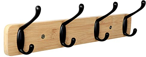 JSVER Kleiderhaken wand, Garderobenhaken Holz Garderobenleiste 4 Haken Bambus Garderobe Wandhaken Wandgarderobe, Hakenleiste(Holzfarbe)