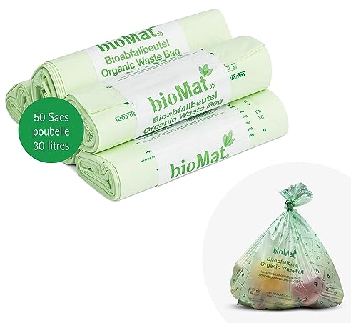 bioMat Kompostierbare 30l Biomüllbeutel, 50 Tüten, Premium-Qualität, DINplus Zertifiziert, Klimaneutral, Made in Germany