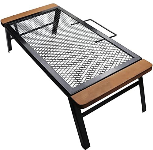 OLOTU Tavolo pieghevole multifunzione, tavolo in ferro per barbecue in legno, pratico tavolo da campeggio con griglia per falò, tavolo da picnic con manico