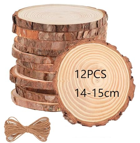 Huhemy Dischi Legno 12 Pezzi 14-15 cm, Spessore 1 cm, Dischetti Legno Albero Senza Foro, Per l'Artigianato e Fai da Te, Matrimonio e Decorazione di Natale