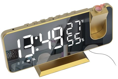 iSpchen Wecker Digital Radiowecker Bildschirmhelligkeit Projektionswecker Temperatur Projektion Dual-Alarm Helligkeitsstufen LED-Display Digitaler Geeignet Hause Büro Lokale goldene + Weiße Zeichen