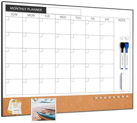 Whiteboard-Kalender & Korkboard-Kombination, 60 x 45 cm, Magnetisches Whiteboard mit Kalender, Schwarzer Rahmen, Monatsplaner für Büro, Zuhause, Schule