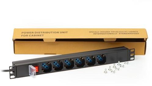 Connetto multipresa da rack 19 CO10060 con 6 prese universali tripolari/Schuko e interruttore, spina ita. 16A cavo 1,75m metallo capacità 3,5K, misure 48,5x4,5x4,5. Alette reversibili.