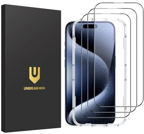 UNBREAKcable 3 Pezzi Pellicola per iPhone 15 Pro Max, Vetro Temperato Protettivo [Copertura Completa 1:1] [Cornice di Installazione Facile] [Durezza 9H] [HD Trasparente al 99,99%]