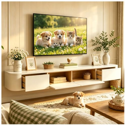 KSYGINXD TV Lowboard Hängend 240cm Weiß, Moderner TV Schrank Schwebend, TV Board 2 Schubladen 2 Klappen Türen, Fernsehtisch mit Kabelmanagement, für Wohnzimmer und Esszimmer