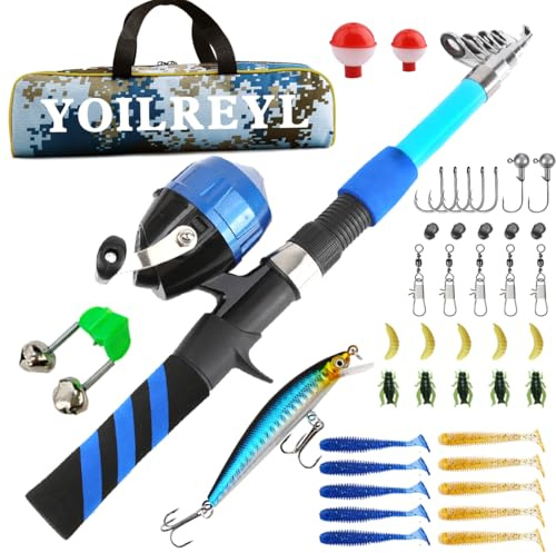 Yoilreyl Kids Fishing Rod and Reel Combo Push Button Small Collapsible Telescopic Fishing Pole Kit Beginner Youth Boys Fishing Starter Set Tackle(Casting Rod,5.91FT,Blue)
