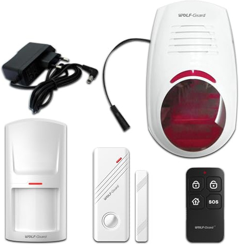 Wolf Guard JD-W03 drahtlose Strobe blinkende Sirene Alarmanlage 110dB wasserdicht Outdoor für Home Shop Hotel Schule Krankenhaus mit Bewegungsmelder, Tür-Fenster-Sensor & Fernbedienung