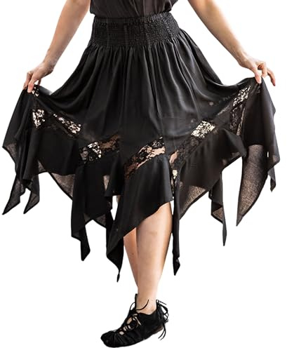 Leonardo Carbone® Damkjol häxkjol Selena | elastisk midja | asymmetrisk fåll | karneval, halloween, cosplay, LARP, medeltid, gotisk, kostym | 100 % viskos, svart, L-XL