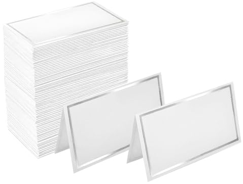 50Pcs Table Place Cards, White Blank Table Card Wedding Place Cards, Name Cards with Hot Stamped Border, Table Place Name Cards for Weddings Banquets Events Table Setting(Color:Silver Edge)