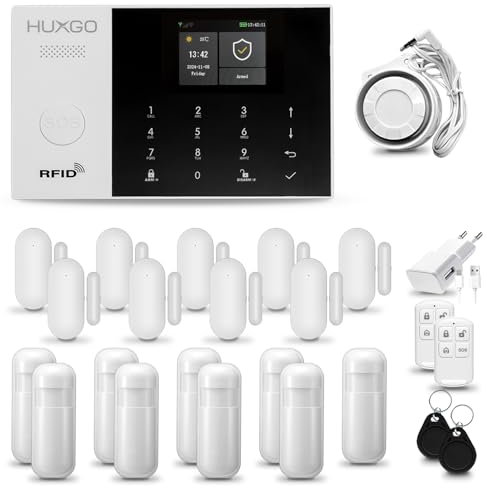 Alarma para casa con Sirena WiFi + gsm 4G | Kit de Alarma para hogar con 9 sensores PIR de Movimiento y 9 sensores de Puerta/Ventana | App Tuya con Aviso al móvil | HUXGO® HXA005