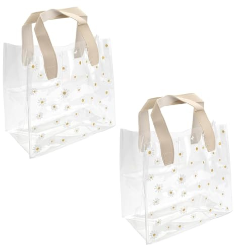CUEMOON 2 Stück Klare Geschenktüten, Durchsichtige Tasche mit Griffen, PVC Geschenktaschen mit Gänseblümchen-Muster für Goodies Boutique Hochzeit Geburtstag Babyparty
