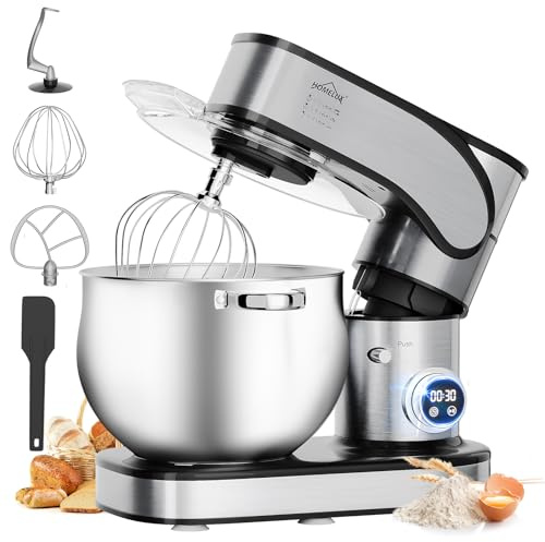 HOMELUX Küchenmaschine 2500W, 12 Liter Edelstahl Schüssel | 12 Geschwindigkeitsstufen, LED-Touchscreen, Rührbesen, Knethaken, Schneebesen, Spatel und Spritzschutz