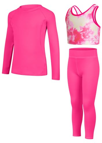 JiAmy Leggings Yoga per Bambina Set 3 Pezzi, Maglie Sportive a Manica Lunga, Top Corto in Stile Crop, Abbigliamento Sportivo per Ragazze 5-12 Anni