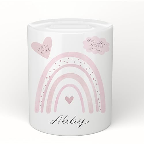 Manufaktur Liebevoll Spardose Personalisiert Mädchen Junge Babygeschenk mit Namen Geburtsdaten Neugeborenen Geschenk Geburt Taufe Geburtstag Baby Regenbogen Rosa