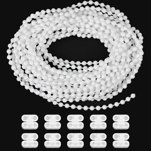 HOTUT 6M Roller Blind Roman Shade Blind Beaded Chain Cord, 4.5mm White Plastic Roller Blind Chain Beaded Pull Chain Extension with 10 Mating Connector, for Curtain Roller Repair Fitting