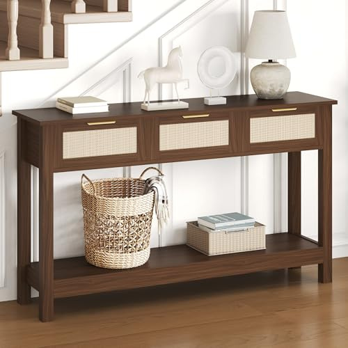 Luoxiao Console Table for Entryway with 3 Rattan Drawers Storage Open Shelf