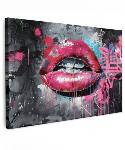 MuchoWow© Leinwand Bilder Groß XXL Wanddeko Wohnzimmer Aesthetic Room Decor | 120x80 cm - Deko Zimmer Wandbilder Modern Bild auf Lippen - Leuchtend Rosa - Graffiti - Bemalte Streifen