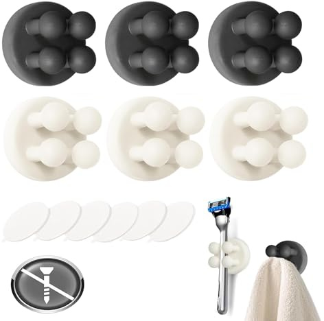 6 Stück Silikon Zahnbürstenhalter Wand, Selbstklebende Zahnbürstenhalter für Badezimmer, Küche – Widerstandsfähige Haken mit Saugnapf (Schwarz + Weiß)​