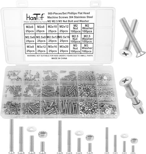 HanTof 900PCS Countersunk Head Screws Assortment Kit, M2 M2.5 M3 Bolts and Nuts Washers Set, Phillips Drive Flat Head Machine Screws, 304 Stainless Steel, Small Bolts Fully Threaded with Storage Box.