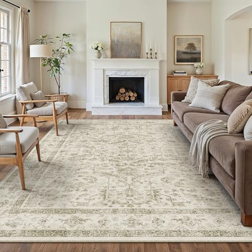 PureCozy Vintage Washable Beige Rugs Living Room Area Rug 200x300cm Bedroom Large Non Slip Soft Carpet Kitchen Bedroom Dining Room Office Indoor Low Pile Carpets