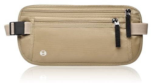 UIHRLM Money Belt, Ultra-Slim Hidden RFID Blocking Travel Money Belt, Anti-Theft Adjustable Waterproof Bumbag Waist Wallet Secure Pouch for Cash Phone Cards Passport for Men Women (Khaki)