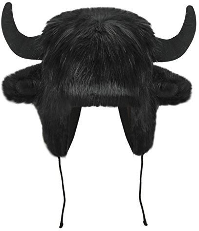 FakeFace Warme Plüsch Tiermütze Büffelhut mit Hörnern, Kunstfell-Flauschige Trappermütze mit Ohrklappen, Winter Fellmütze Skihut Kuhhornhut Halloween Kostüm