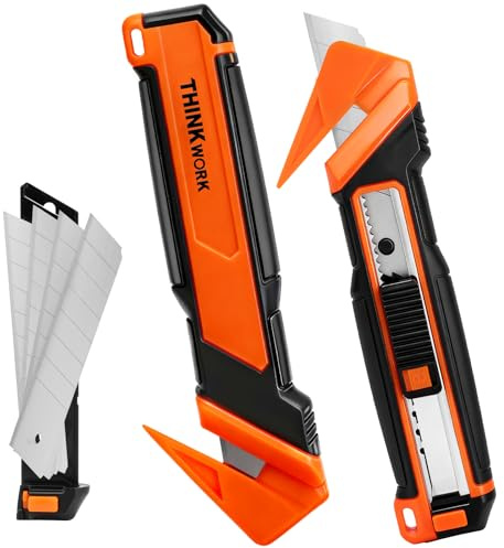 THINKWORK Safety Box Cutter - Package Opener with Dual Safety Lock, Retractable Utility Knife with Recessed Blades, Film Cutter Tape Splitter for Tape, Plastic Bags and Shrink Wrap (2-Pack)