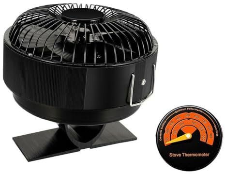 Violiica Ventilador de estufa de 5 aspas alimentado por calor con termómetro, ventilador silencioso de aluminio anodizado para estufas de leña, carbón o pellets, mejora la circulación del aire