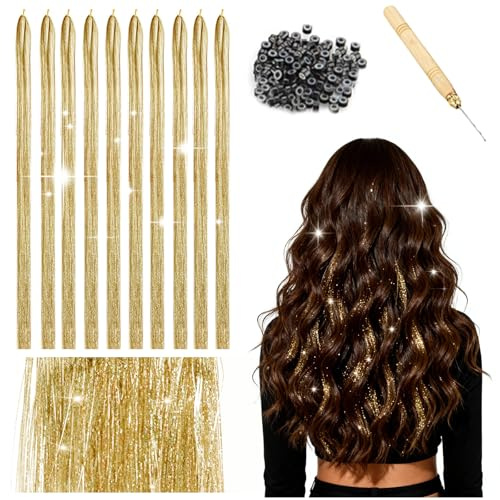Hair Tinsel, 120cm Glitzer Haarsträhnen mit Werkzeug, 2000 Glitzersträhnen für Haare für Frauen Kinder Cosplay Party Zubehör,Haar Lametta Set, Mädchen & Kinder Haarlametta (Gold)