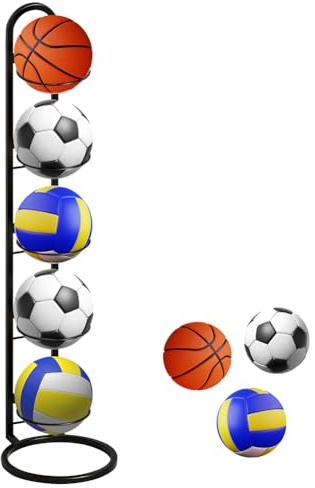 MIUUIPI Supporto per palloni da calcio a 5 livelli, in metallo, verticale con supporto rimovibile per pallacanestro, calcio, pallavolo, stabile per palline sportive in interni ed esterni