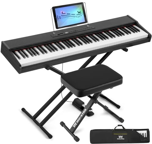 MUSTAR 88 Tasten Digitalpiano für Anfänger, E-Piano Set mit Pianobank, Weiß | Tragbares E-Piano voller Größe, mit Sustain Pedal, Ständer, 20W Stereo-Lautsprecher, USB-MIDI, Tragetasche