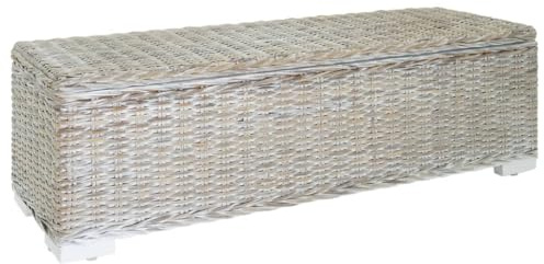 Mhdvray Truhenbank Weiß 110 cm aus Kubu Rattan & Mahagoni Holz, Sitztruhe mit Stauraum, Moderne Sitzbank für Flur, Schlafzimmer und Wohnzimmer