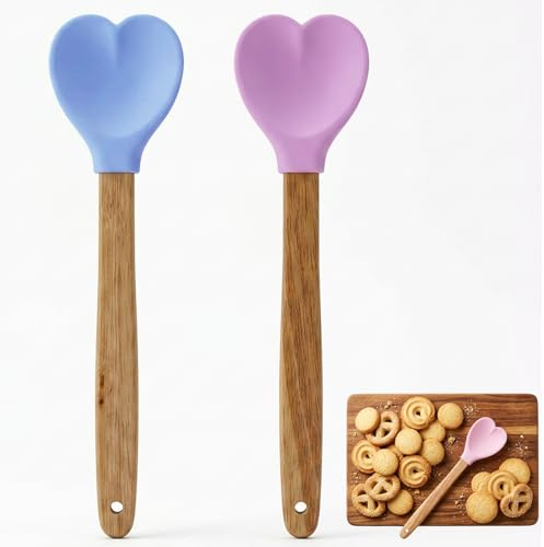 2 Stück Herzförmige Silikonspatel Mit Holzgriff Holzkochlöffel Silikonlöffel Holzlöffel Herzform Rutschfestem Holzgriff für Hochzeit Geschenk Backen Kochen Salat Suppe Hellrosa Hellblau