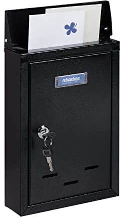Relaxdays Box with Name Plate Cassetta della Posta con Targhetta, Metallo, 2 Chiavi, Casella Postale, Buca Lettere 30,5x21x7 cm, Nero