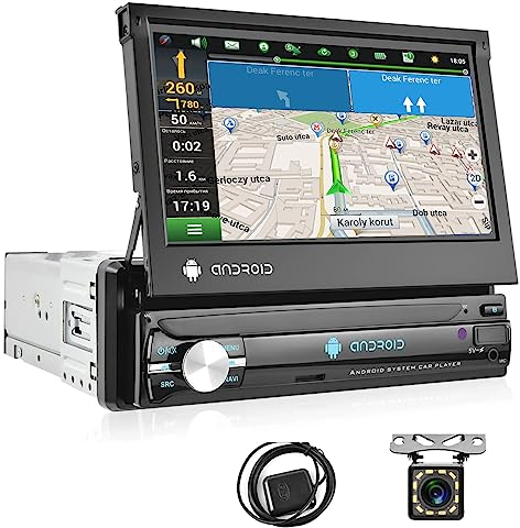 Podofo 1 Din Autoradio con A-pple Carplay Android Auto Radio, 7'' HD Touchscreen Retrattile Manuale Android 15 Car Stereo Radio con GPS/WiFi/FM/EQ/DSP/AUX/RCA + Telecamera Posteriore
