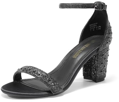DREAM PAIRS Women's Chunk Low Heel Pump Sandals,Size 12,Black/Rhinestone,CHUNK