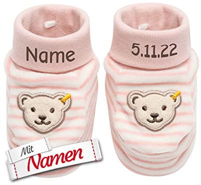 LALALO Steiff Bär Erste Baby Schuhe personalisiert mit Namen, Erstausstattung Geschenk für Neugeborene, Newborn Babyschuh Krabbelschuhe zur Geburt Taufe, Babyparty Erstausstattung