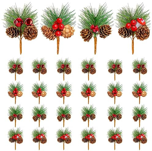 KY-Tech 24 Pack Artificial Pine Picks - Red Berries & Pine Cones Christmas Wreath Making Supplies (4 Mixed Styles)