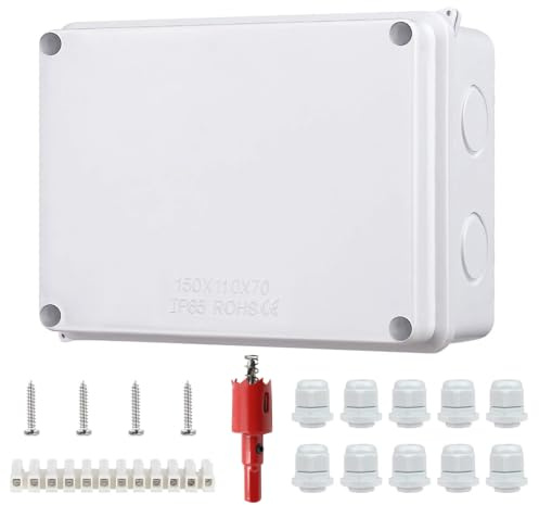 POFET IP65 Junction Box -Mounted Waterproof, 150x110x70mm, Large ABS Junction Box Outdoor, AP Terminal Box with Cable Gland for 6-12 mm, White Junction Box Garden