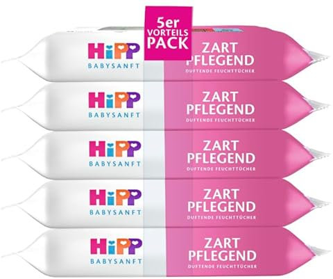 HiPP Babysanft Feuchttücher Zart Pflegend, 720 Stück (3er Pack mit je 5 x 48 Tücher), mit Bio-Mandelextrakt, besonders hautverträglich, für die sanfte Reinigung zarter Haut