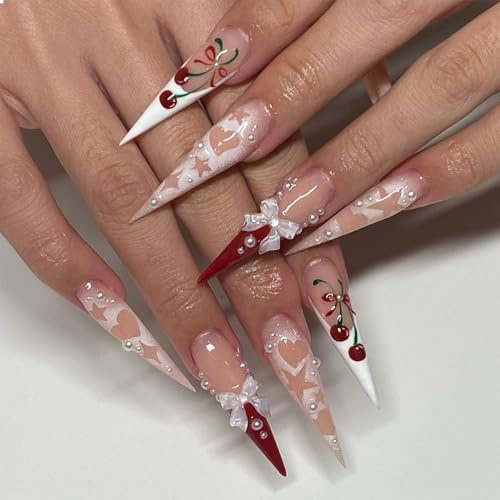 GlamRays 24 stycken långa press-on naglar stilett falska naglar rosa falska naglar fransk spets akrylnaglar med 3D-rosett körsbär design lim nagel hjärta stjärna full täckning