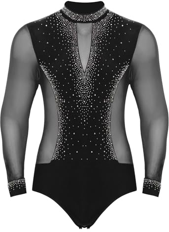 CHICTRY Homme Top Chemise Body Justaucorps Danse Ballet Latine Tango Samba Combinaison Strass Danse Moderne A Noir M